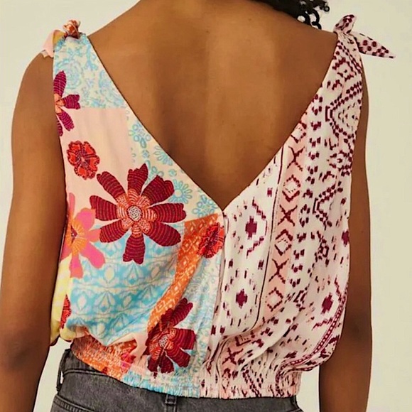 FREE PEOPLE Tropical Floral Surplice Sleeveless Top w Adjustable Shoulder Ties - Picture 2 of 11